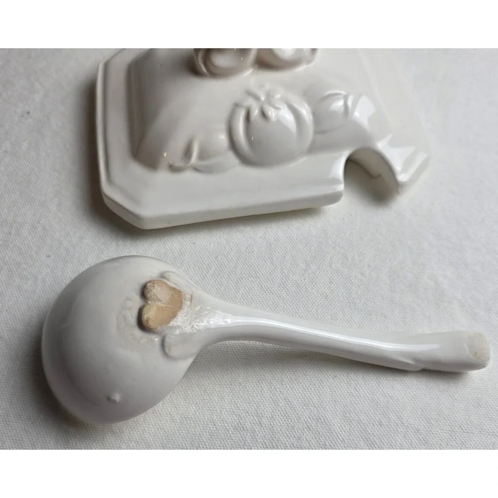 Vintage 50s Himark White Ceramic Fruit Embossed Tureen Lid Ladle Farmhouse Decor